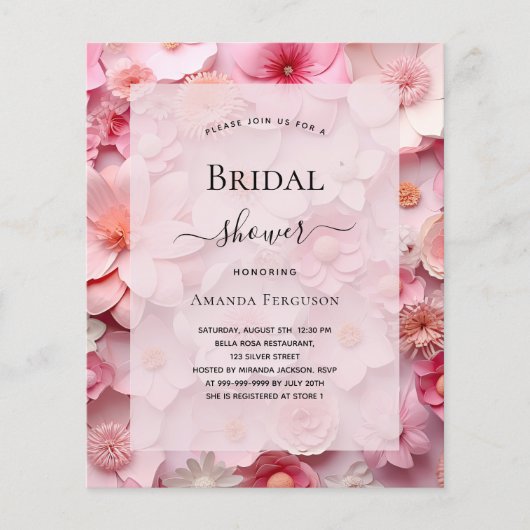 ブライダルシャワー赤面ピンクの花の予算の招待 チラシ (正面)