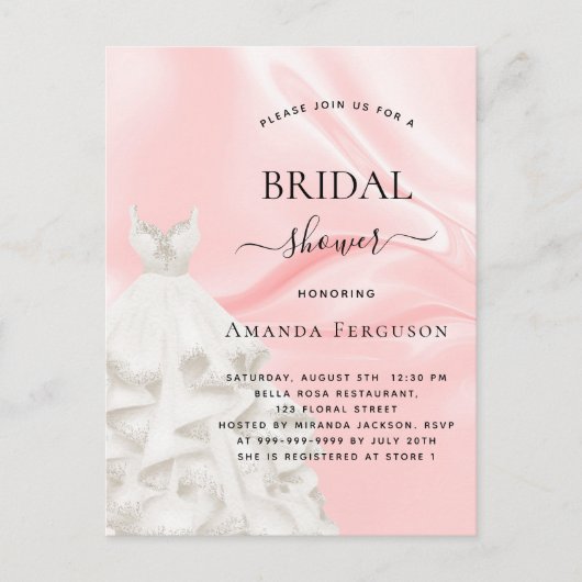 ブライダルシャワー赤面ピンクグリッターホワイトドレス インビテーションポストカード (正面)