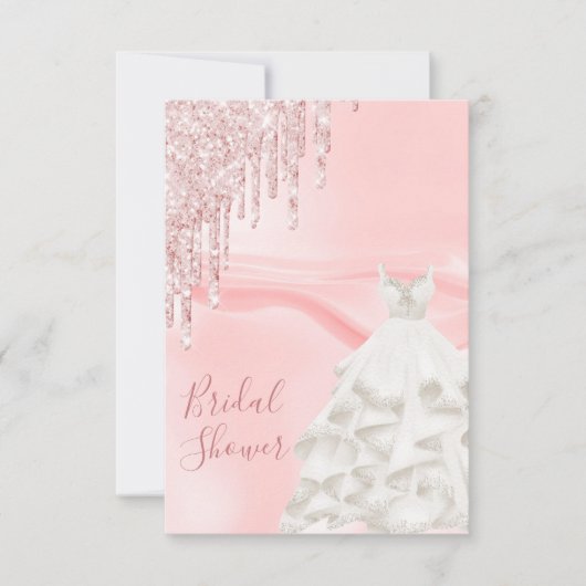 ブライダルシャワー赤面ピンクグリッターホワイトドレス 招待状 (正面)