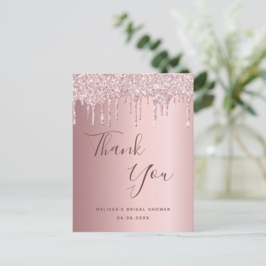 ブライダルシャワー赤面ピンクグリッター感謝していユー ポストカード (スタンド正面)