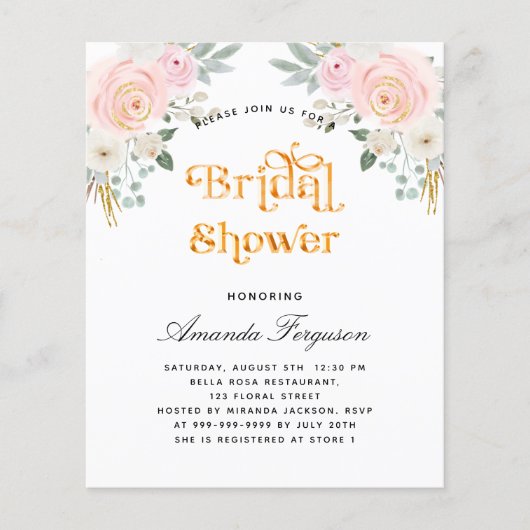 ブライダルシャワー赤面ピンクフローラ予算の招待 チラシ (正面)