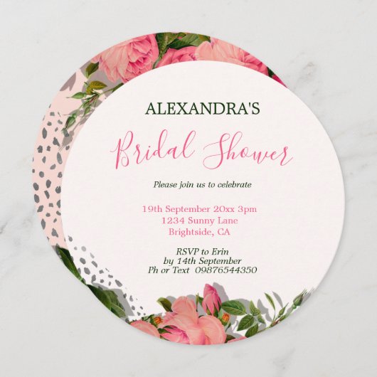 ブライダルシャワー赤面ピンクホワイトローズラウンド 案内状 (正面/裏面)