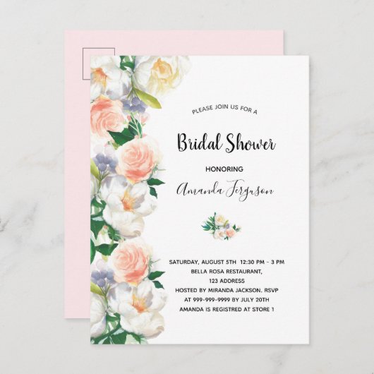 ブライダルシャワー赤面ピンクローズ金ゴールド花模様白 ポストカード (正面/裏面)