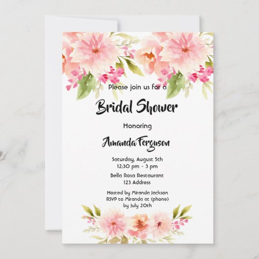 ブライダルシャワー赤面花模様グリーン 招待状 (正面)