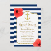 ブライダルシャワー金ゴールドいかり航海のネービストライプー 招待状 (正面/裏面)