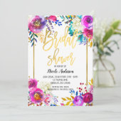 ブライダルシャワー金ゴールドはっきりしたスクリプト水色フローラ 招待状 (スタンド正面)