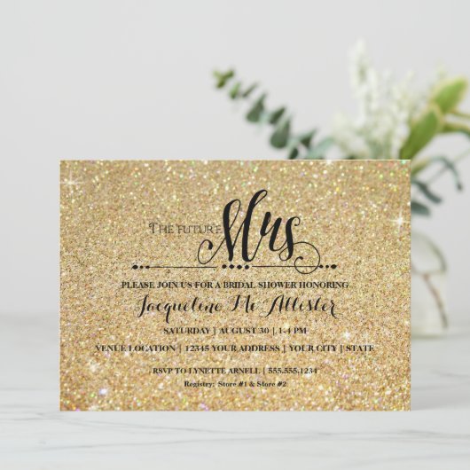 ブライダルシャワー金ゴールドグリッターフューチャーミセスモダンファブ 招待状 (スタンド正面)