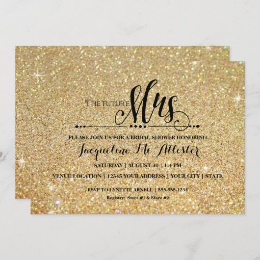 ブライダルシャワー金ゴールドグリッターフューチャーミセスモダンファブ 招待状 (正面/裏面)