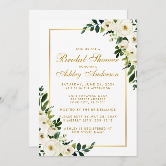 ブライダルシャワー金ゴールドグリーンウォーター色フローラ招待状 招待状 (正面/裏面)