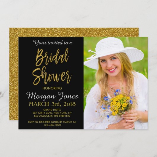 ブライダルシャワー金ゴールドタイポグラフィ箔招待状 招待状 (正面/裏面)