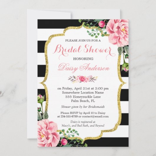 ブライダルシャワー金ゴールドピンクフローラストライプ白黒 招待状 (正面)