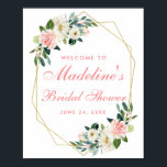 ブライダルシャワー金ゴールドフレームピンク赤面フローラ歓迎 ポスター<br><div class="desc">水彩ピンク赤面フローラ金ゴールドフレームブライダルシャワーウェルカムポスター</div>
