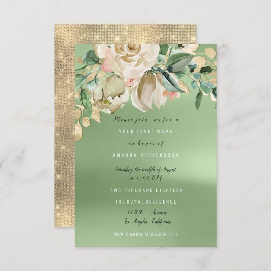 ブライダルシャワー金ゴールドメドー絵を描ファラーアイボリー 招待状 (正面/裏面)