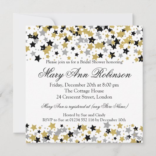 ブライダルシャワー金ゴールドモダングリッタースターズ紙吹雪 招待状 (正面)