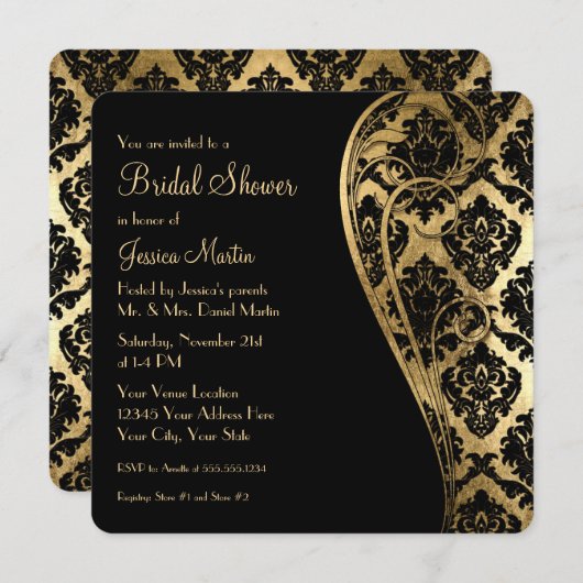 ブライダルシャワー金ゴールドリーフルックダマスクスクロール招待状 招待状 (正面/裏面)
