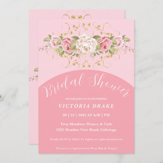 ブライダルシャワー金ゴールド付きピンクローズ 招待状 (正面/裏面)