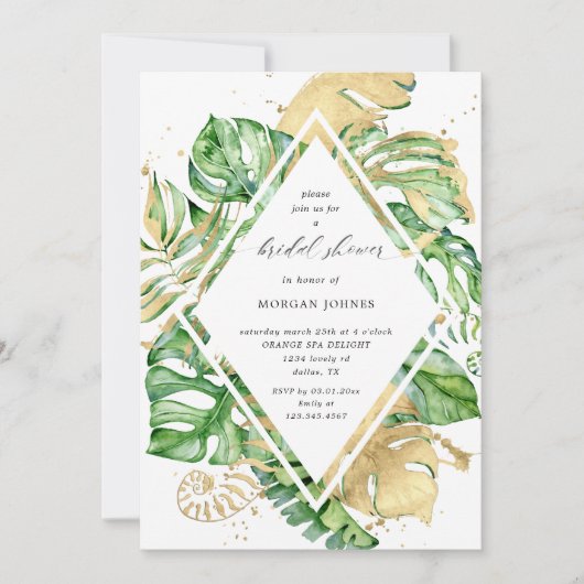 ブライダルシャワー金ゴールド熱帯葉招待状 (正面)