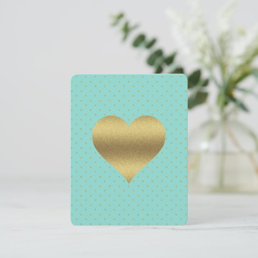 ブライダルシャワー金ゴールド&ティール(緑がかった色)ブルー水玉模様パーティー 招待状 (スタンド正面)