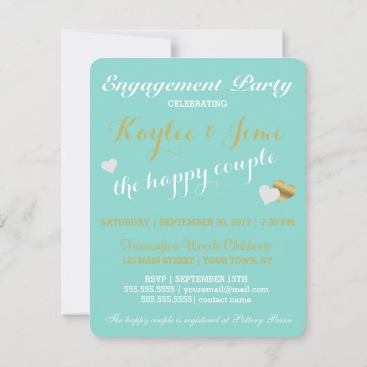 ブライダルシャワー金ゴールド&ティール（緑がかった色）ブルー水玉模様パーティー 招待状 (裏面)