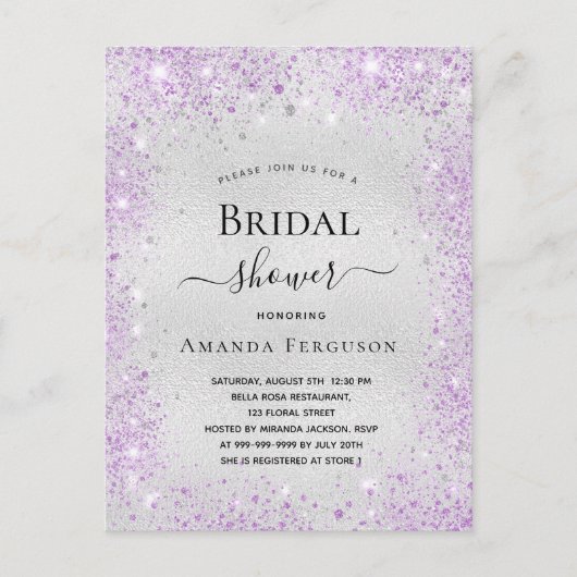 ブライダルシャワー銀グリッターダストパープルエレガント インビテーションポストカード (正面)