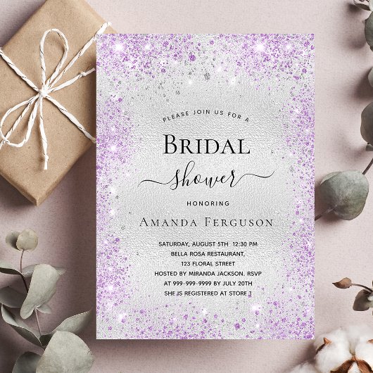 ブライダルシャワー銀グリッターダストパープルエレガント 招待状