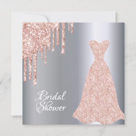 ブライダルシャワー銀バラ金ゴールドドレスグリッター 招待状 (正面)
