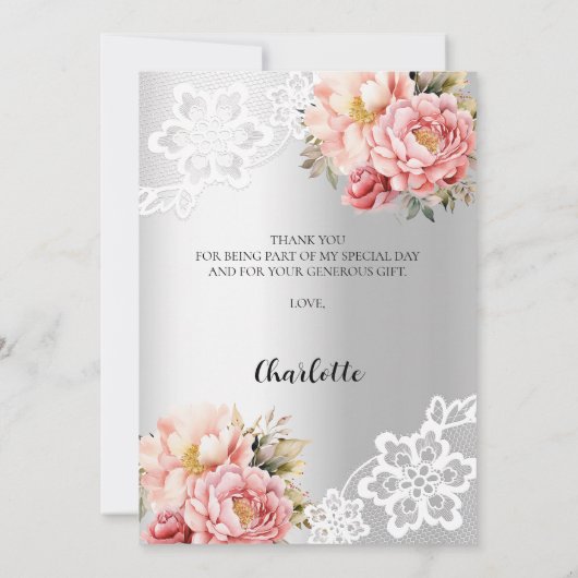ブライダルシャワー銀フローラレースサンキューカード 招待状 (裏面)