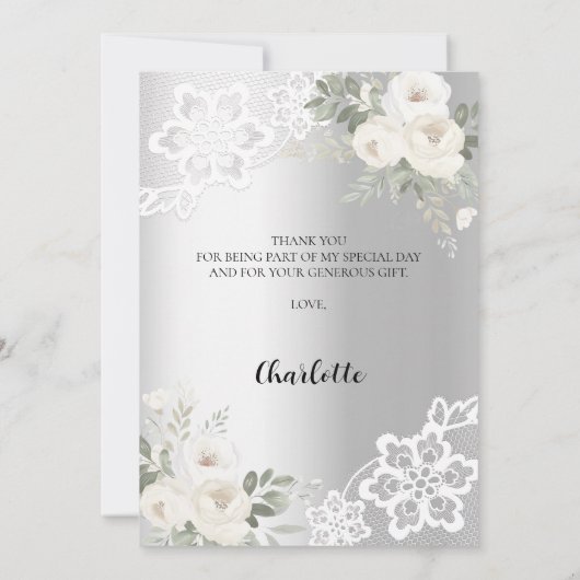 ブライダルシャワー銀フローラレースサンキューカード 招待状 (裏面)