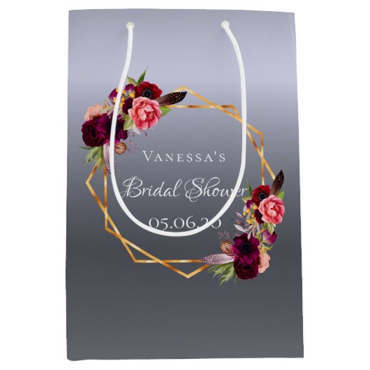 ブライダルシャワー銀花模様ブルゴーニュ幾何学模様 ミディアムペーパーバッグ (正面)