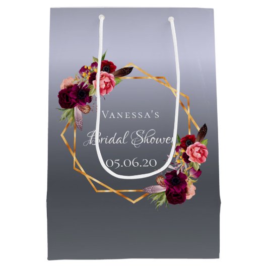 ブライダルシャワー銀花模様ブルゴーニュ幾何学模様 ミディアムペーパーバッグ (裏面)