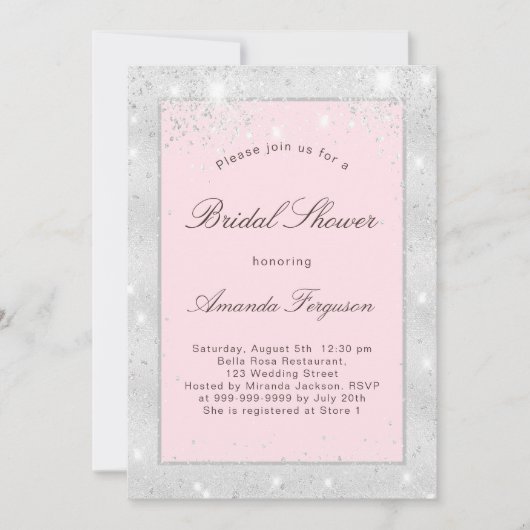 ブライダルシャワー銀赤面ピンクグリッター エレガント 招待状 (正面)