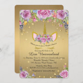 ブライダルシャワー顕彰,一角獣,金属金ゴールド,花 招待状 (正面/裏面)