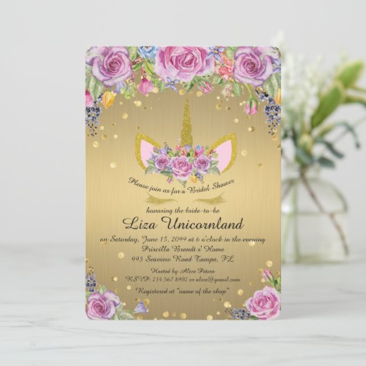 ブライダルシャワー顕彰,一角獣,金属金ゴールド,花 招待状 (スタンド正面)