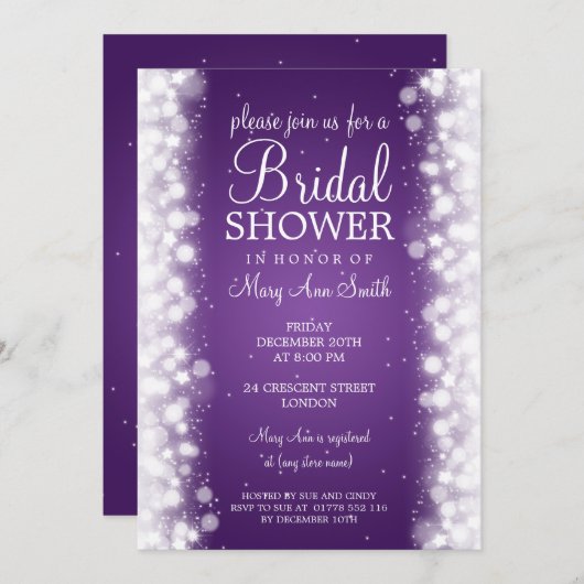 ブライダルシャワー魔法エレガントスパークルパープル 招待状 (正面/裏面)