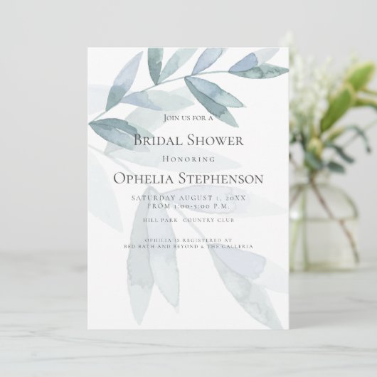 ブライダルシャワー |ほこりっぽい青い水色ユーカリ 招待状 (スタンド正面)