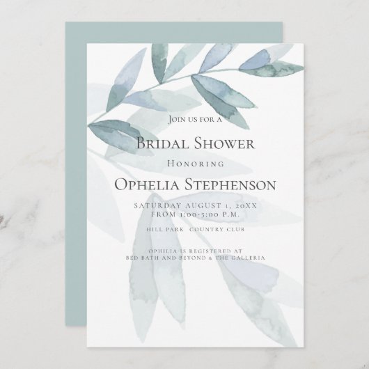 ブライダルシャワー |ほこりっぽい青い水色ユーカリ 招待状 (正面/裏面)