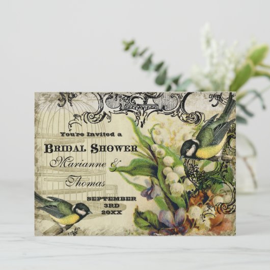 ブライダルシャワー、イエローソングバードケージスワールフローラ 招待状 (スタンド正面)