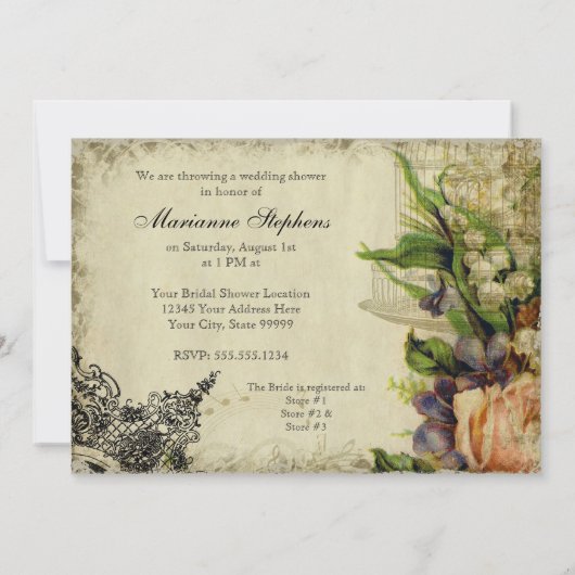 ブライダルシャワー、イエローソングバードケージスワールフローラ 招待状 (裏面)