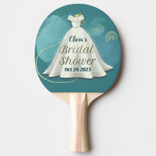 ブライダルシャワー ウェディングドレス ディープ ティール ゴールド グリッター 卓球ラケット (正面)