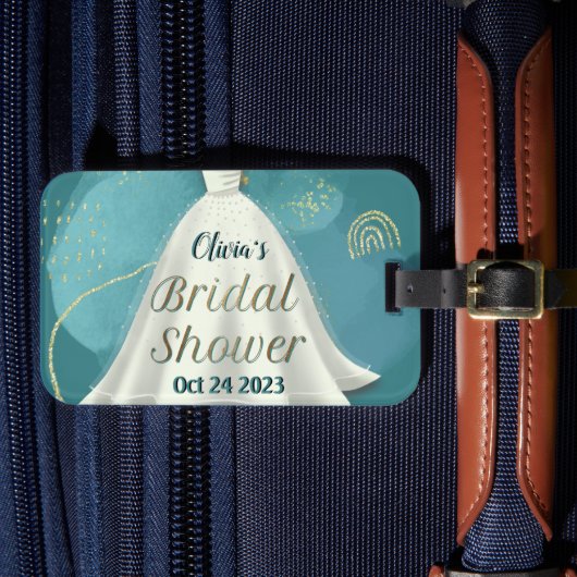 ブライダルシャワー ウェディングドレス 深いターコイズゴールドグリッター ラゲッジタグ (正面インサイチュ4)