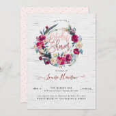 ブライダルシャワー、ウォーター素朴カラーバーガンディリース 招待状 (正面/裏面)