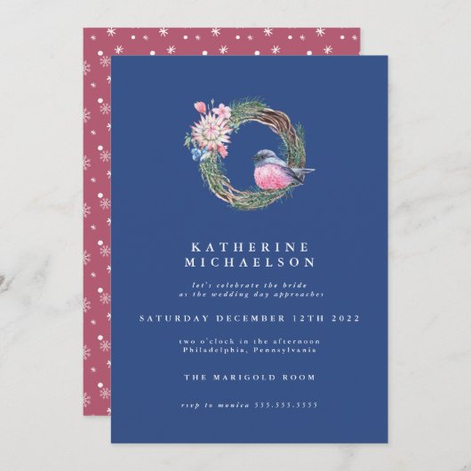 ブライダルシャワー |ウオーターカラーウィンタースパローリース 招待状 (正面/裏面)