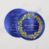 ブライダルシャワー　ウッドランド　コバルトブルー　フラワー　グリーン　ゴールド 招待状 (正面/裏面)