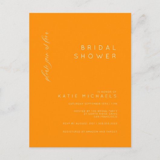 ブライダルシャワー |オレンジ色のミニマリスト葉書 ポストカード (正面)
