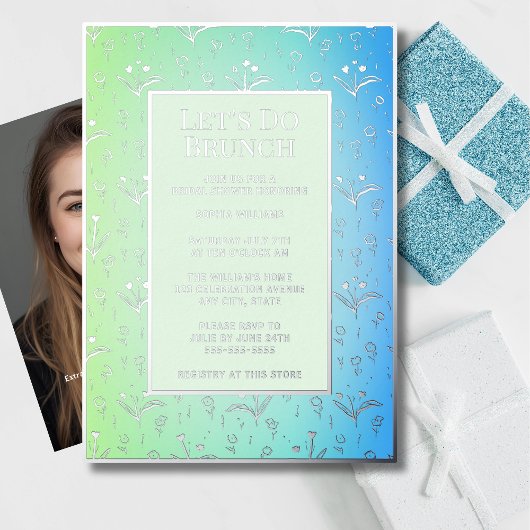 ブライダルシャワー カスタム フラワー シルバー ブルンチ招待状 箔招待状