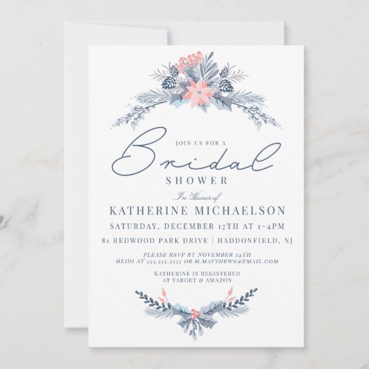 ブライダルシャワー |クリスマスパステルポインセチアフローラ 招待状 (正面)