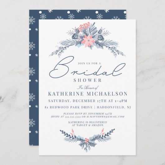 ブライダルシャワー |クリスマスパステルポインセチアフローラ 招待状 (正面/裏面)