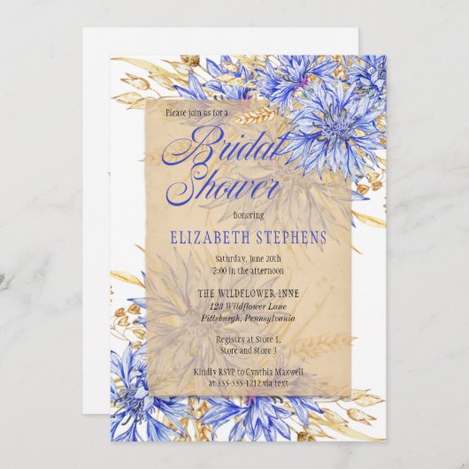 ブライダルシャワー – コーンフラワーブルーワイルドフラワーフローラ 招待状 (正面/裏面)