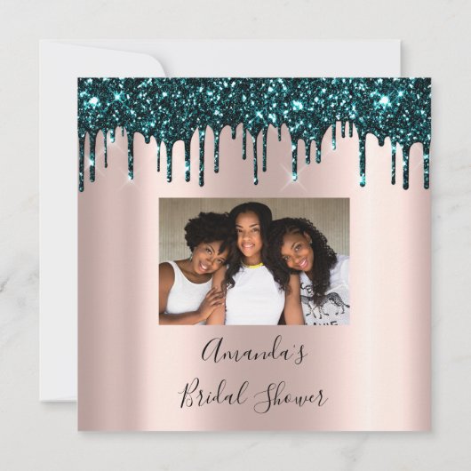 ブライダルシャワー スイート16th ドリップ ローズ ティール フォト 招待状 (裏面)