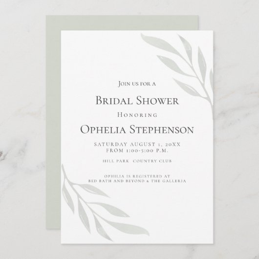 ブライダルシャワー |セージ緑のオリーブの枝の水色 招待状 (正面/裏面)